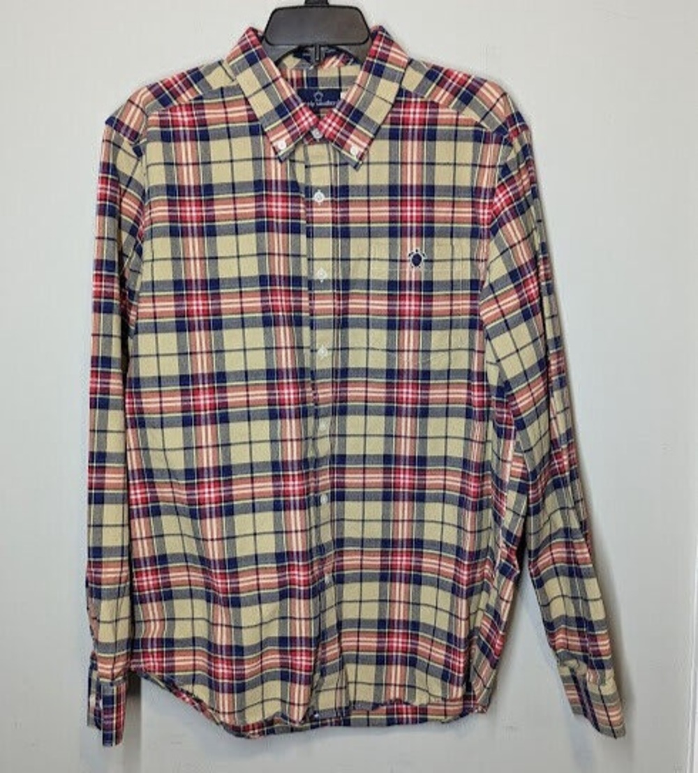 Simply Southern Mens Shirt L Blue/Red/Tan Plaid Cotton Casual Button Down Preppy